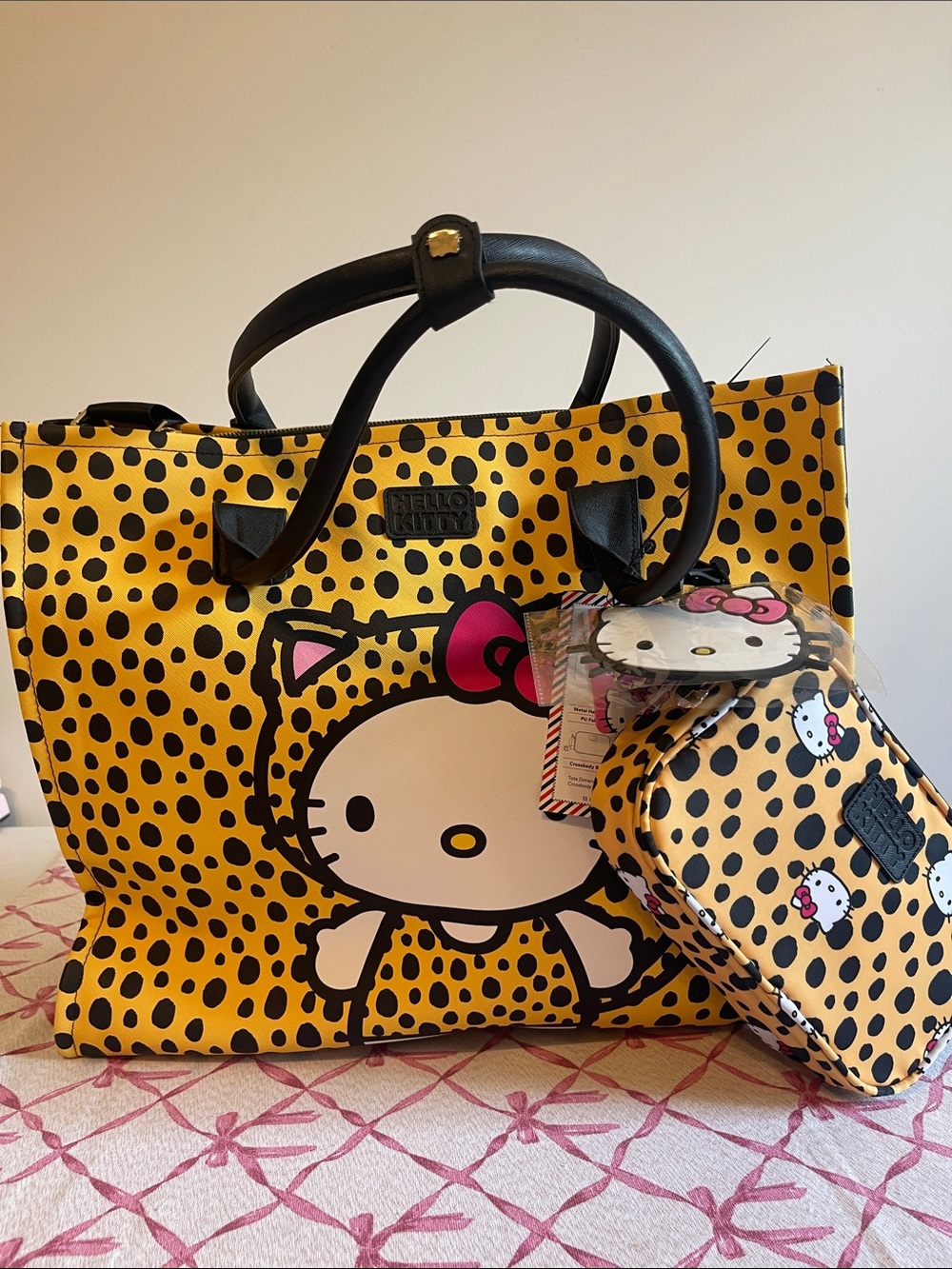 Hello Kitty Yellow and Black Polka Dot Tote with Matching Pouch